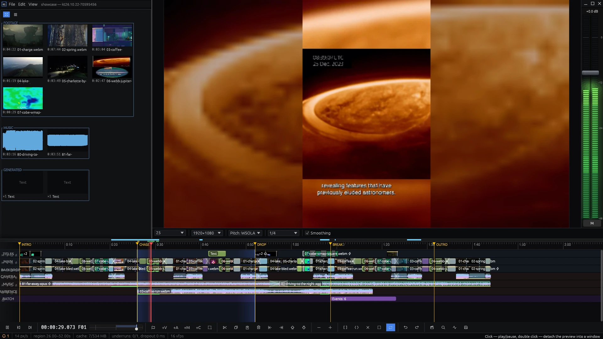 The kinetren window during playback: the media bin on the left with footage, music and generated titles in named groups, the video preview in the centre with live level meters beside it, and a multi-track timeline below with named markers, titles, video, music and a morpher track.