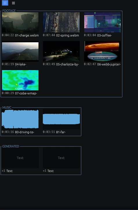 The media bin in free layout: named groups for footage, music and generated media, video cards with poster frames and durations, music drawn as waveforms, and text generators.