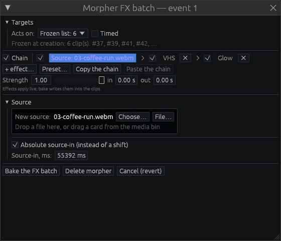 The morpher FX batch editor: it acts on a frozen list of six clips, chains a source swap with VHS and Glow, sets strength with fade-in and fade-out, picks the new source file, and offers bake and delete.