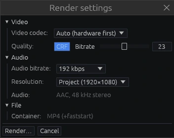 Render settings: video codec on automatic with hardware encoders first, CRF quality, audio bitrate, resolution taken from the project, AAC 48 kHz stereo, MP4 container with faststart.