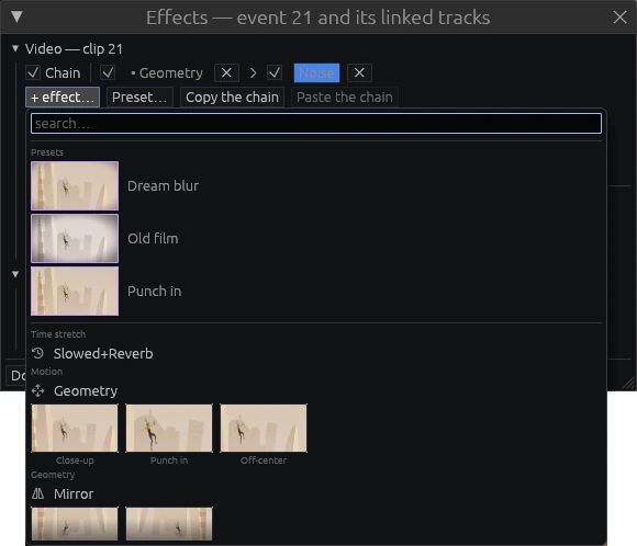 The video effects window with the effect picker open: a search field, presets with live thumbnails of the clip, and effects grouped by category, each with its own strip of thumbnails.